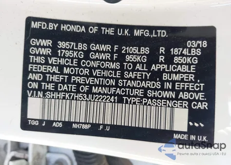 2018 Honda Civic Ex from USA, damaged, VIN SHHFK7H53JU222241